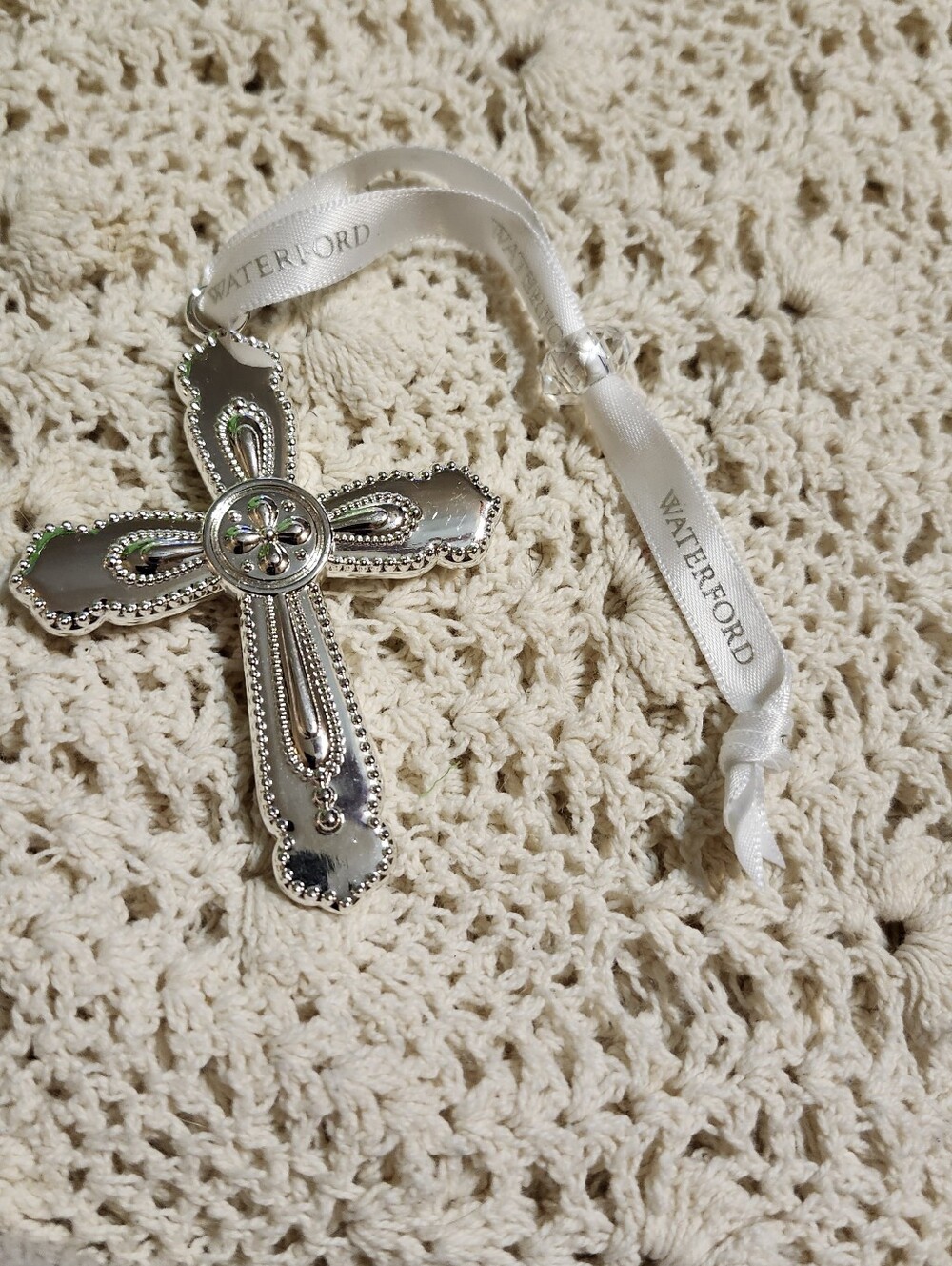 Waterford Silver Decorative Cross Ornament with Ribbon